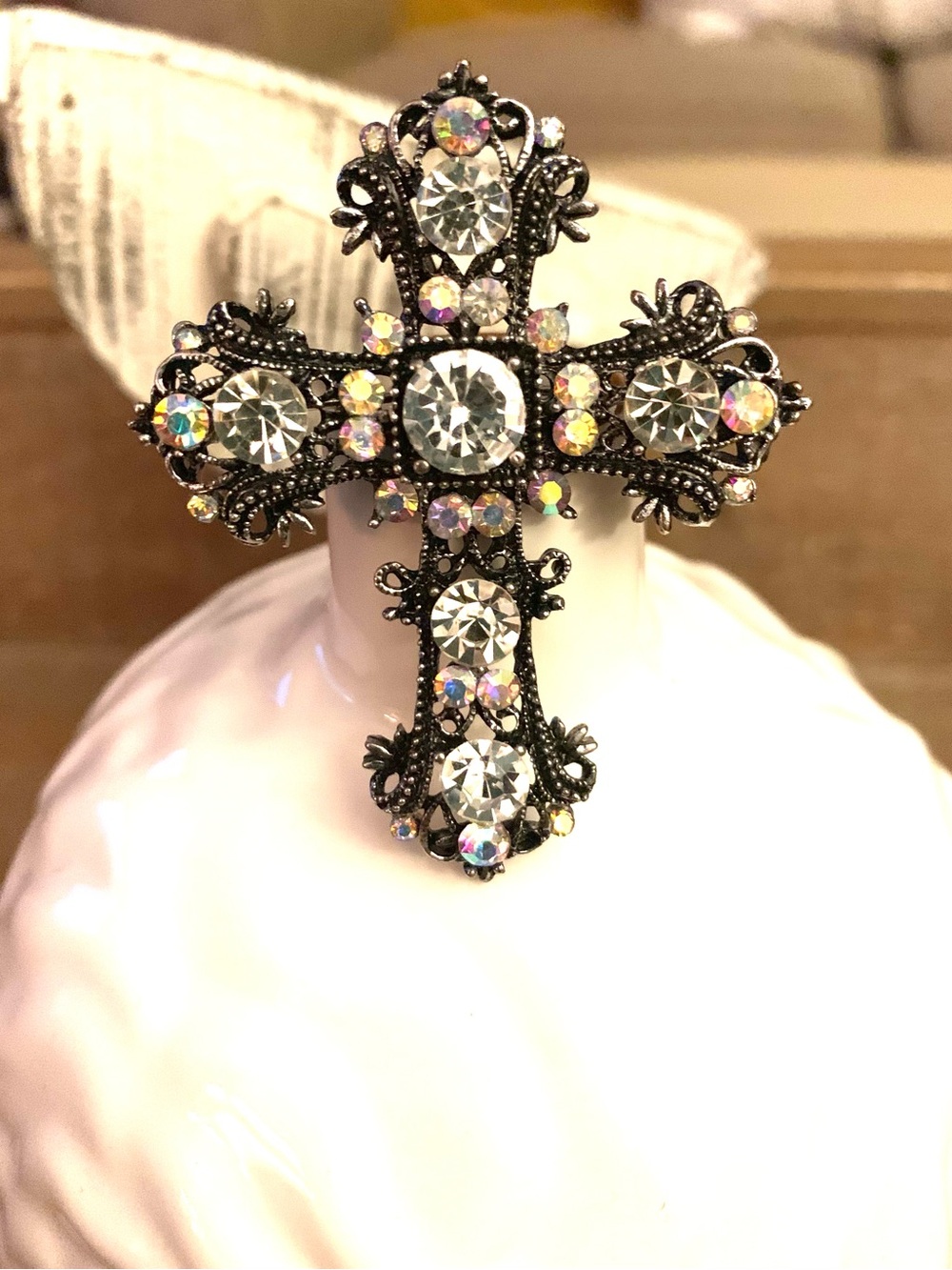 Rhinestone Cross Pendant and Brooch - Clear and Aurora Borealis Stones